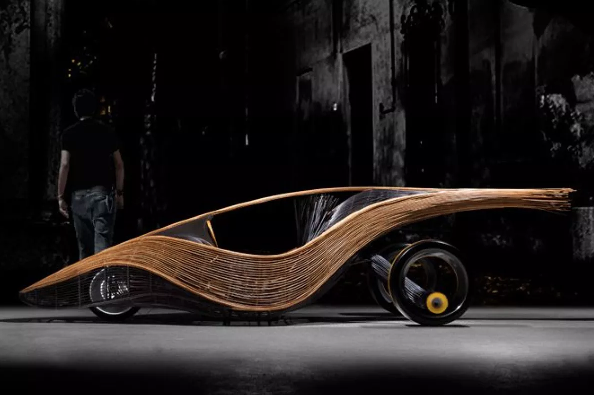 SUSTAINABILITY Biodegradable car made from rattan and bamboo.